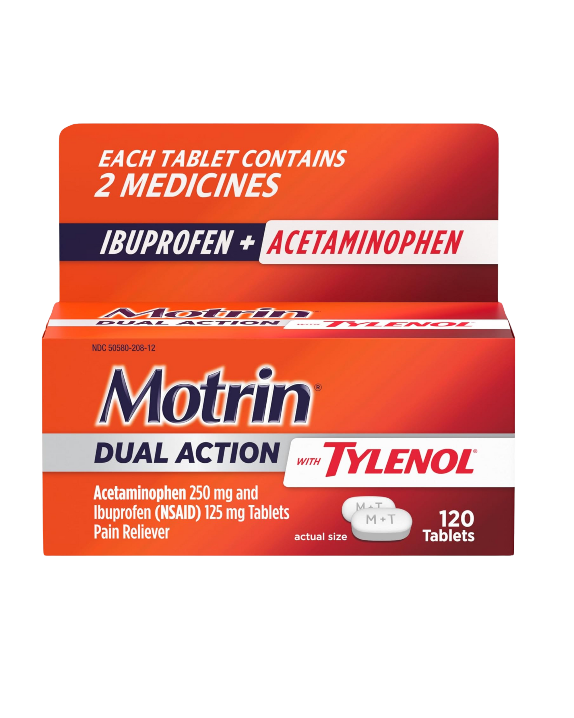 Motrin Dual Action con Tylenol | Alivio del Dolor 2 en 1 | Ibuprofeno + Paracetamol | 120 Tabletas