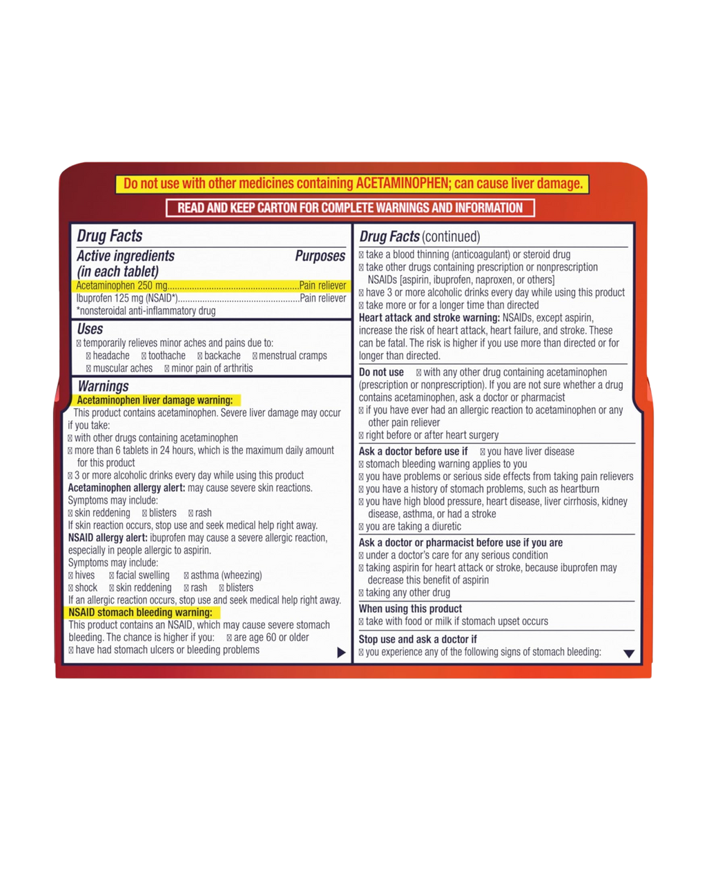Motrin Dual Action con Tylenol | Alivio del Dolor 2 en 1 | Ibuprofeno + Paracetamol | 120 Tabletas