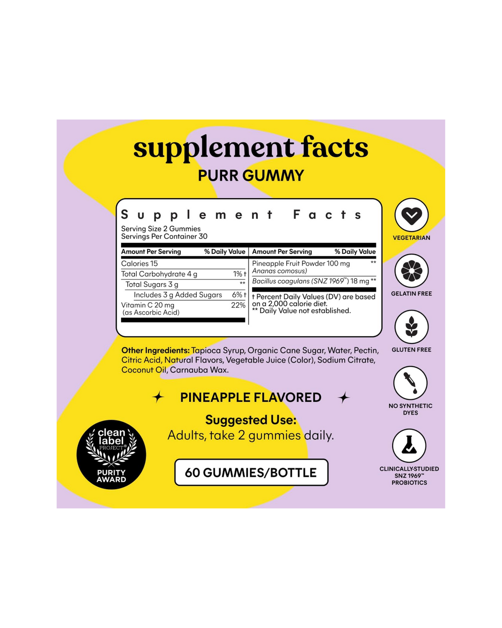 Lemme Purr Vaginal Probiotic Gummies | Probióticos Vaginales con Vitamina C | 60 Gomitas