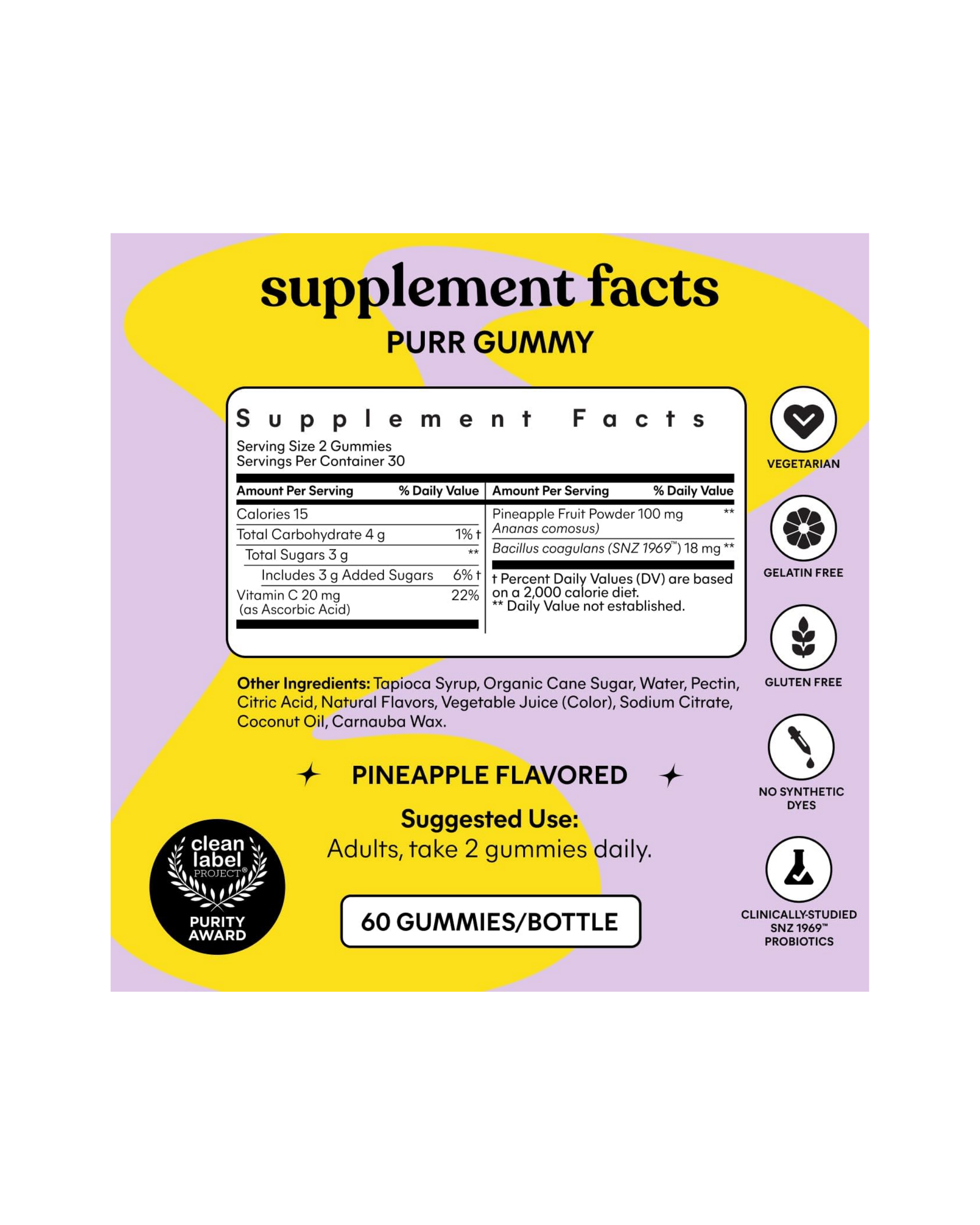 Lemme Purr Vaginal Probiotic Gummies | Probióticos Vaginales con Vitamina C | 60 Gomitas