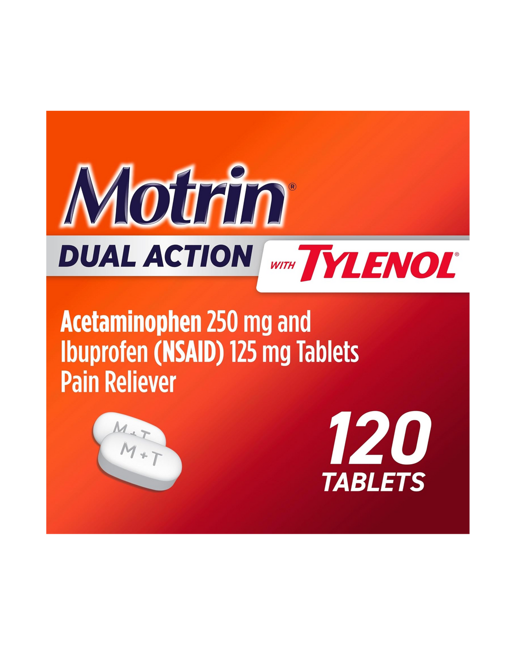 Motrin Dual Action con Tylenol | Alivio del Dolor 2 en 1 | Ibuprofeno + Paracetamol | 120 Tabletas