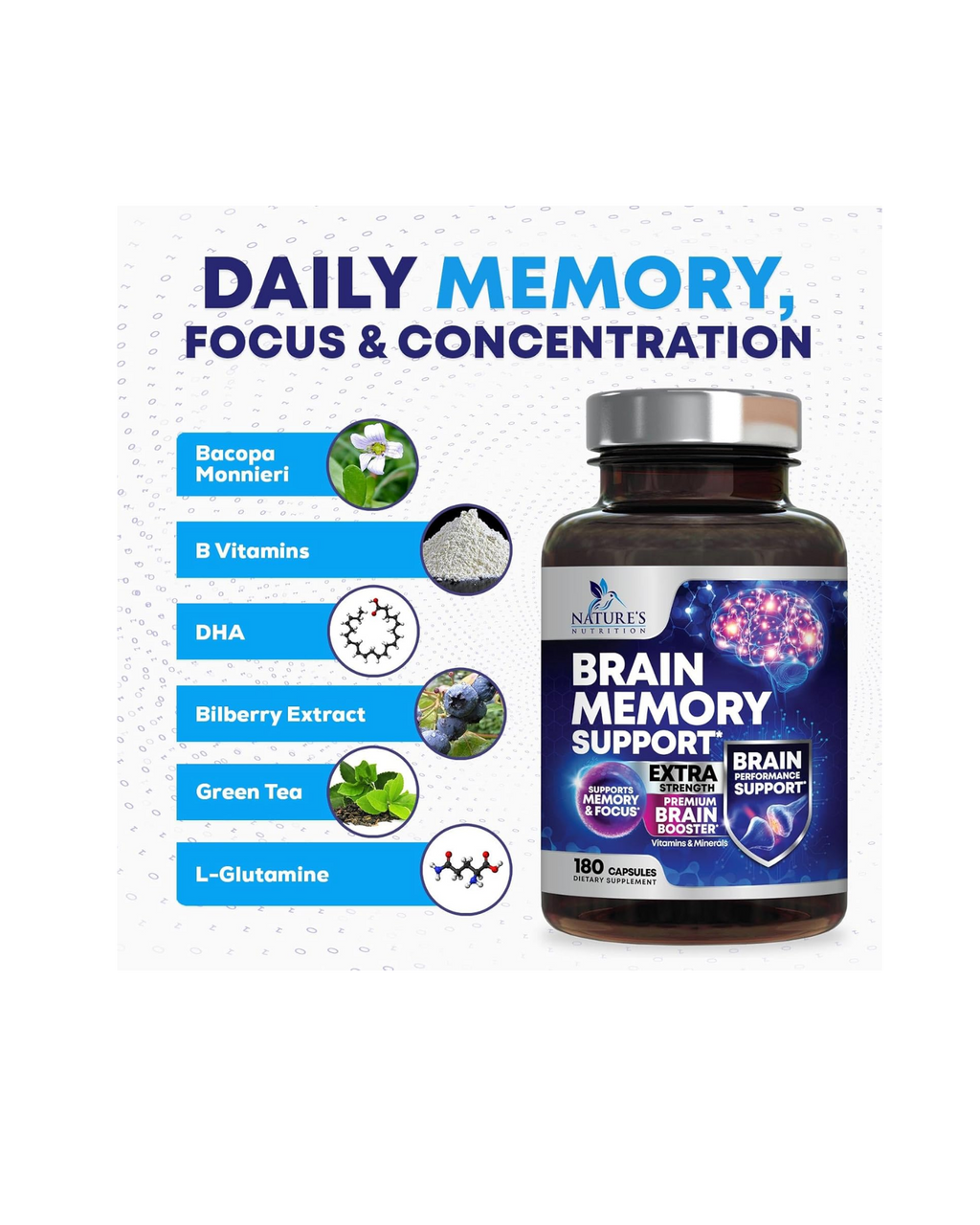 Nature’s Nutrition Brain Memory Support – Suplemento para Memoria y Enfoque