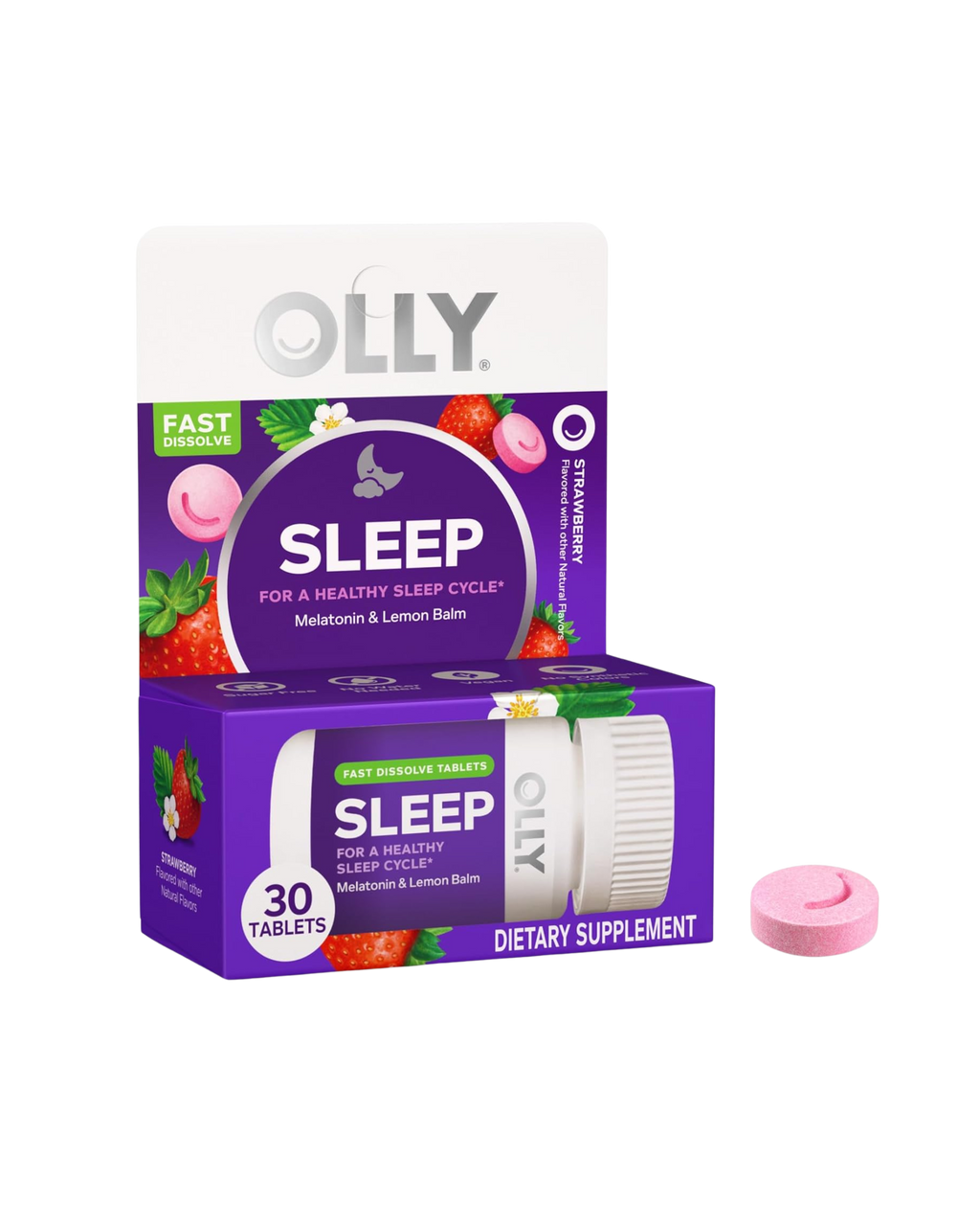 OLLY Sleep Fast Dissolve – Melatonina & Lemon Balm | 30 tabletas sabor fresa