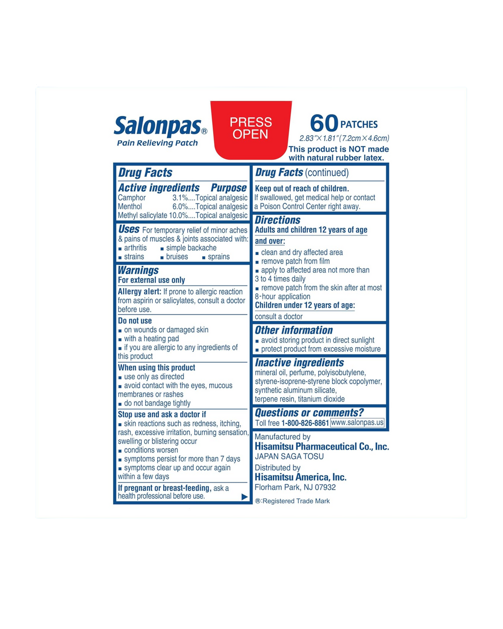 Salonpas parche para aliviar el dolor, 60 unidades