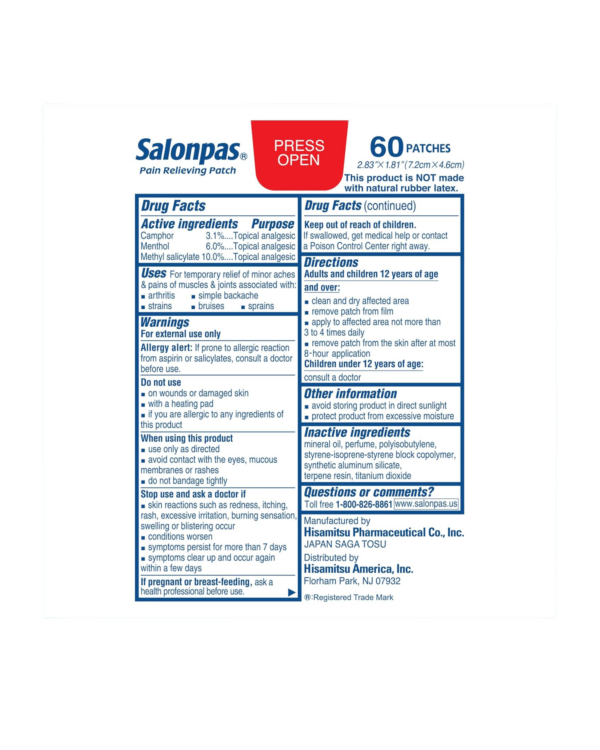 Salonpas parche para aliviar el dolor, 60 unidades