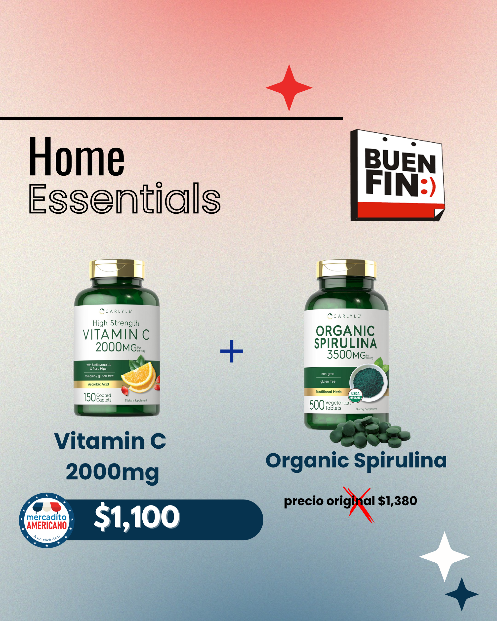 Pack Salud Total – Carlyle  Vitamina C 2000 mg + Spirulina Orgánica 3500 mg BUEN FIN